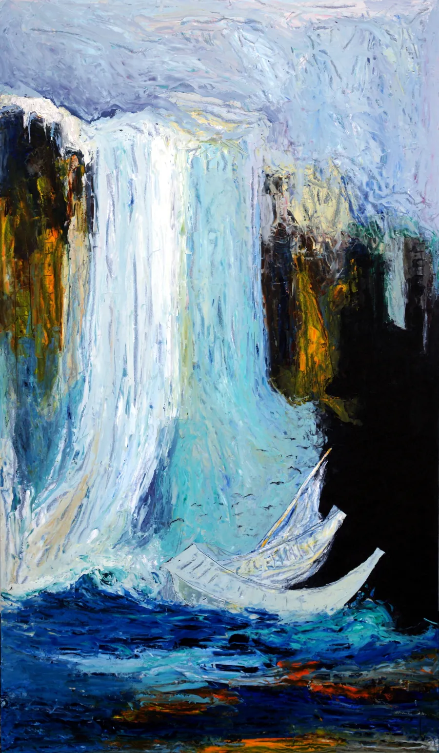 Downfall eller Nemesis er malet på en træplade. Billedet viser et vandfald med sorte fugle, der kredser omkring et stort mørkt gab